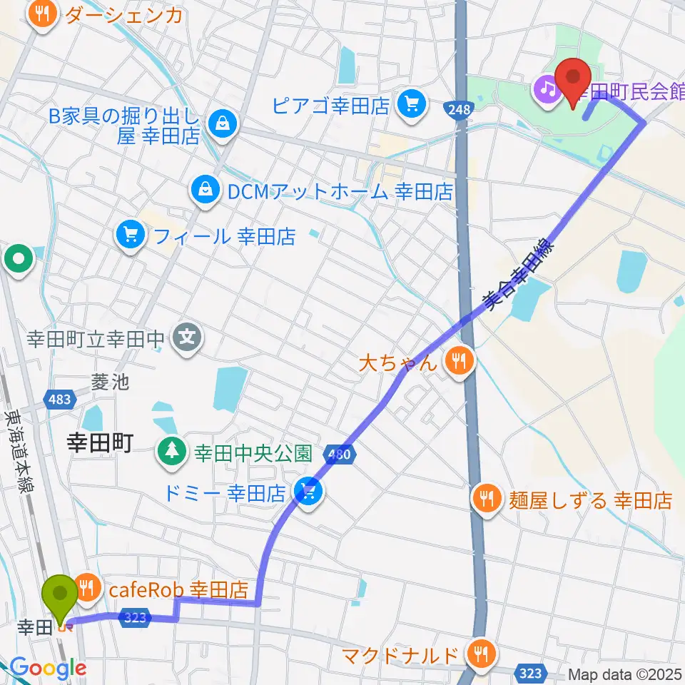 幸田町民会館の最寄駅幸田駅からの徒歩ルート（約33分）地図