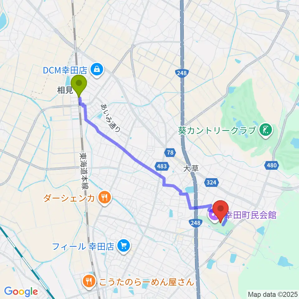 相見駅から幸田町民会館へのルートマップ地図