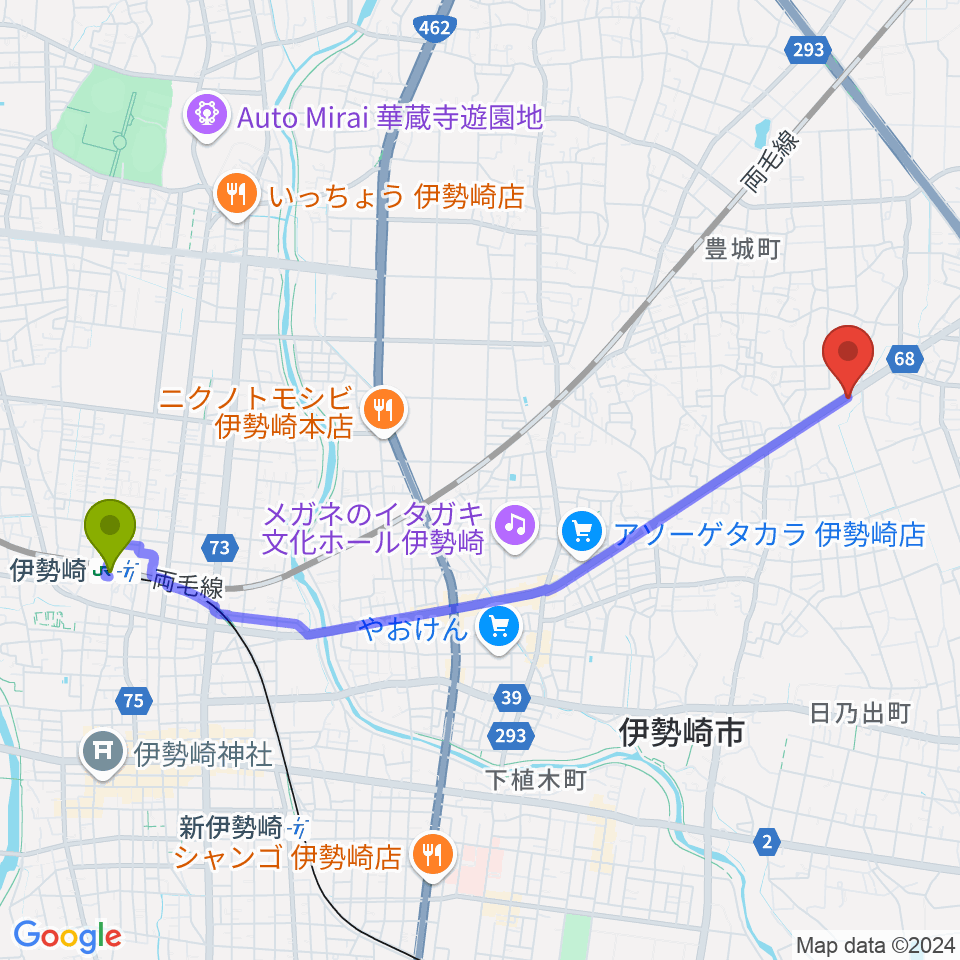 伊勢崎駅からcap music カプミュージックへのルートマップ地図