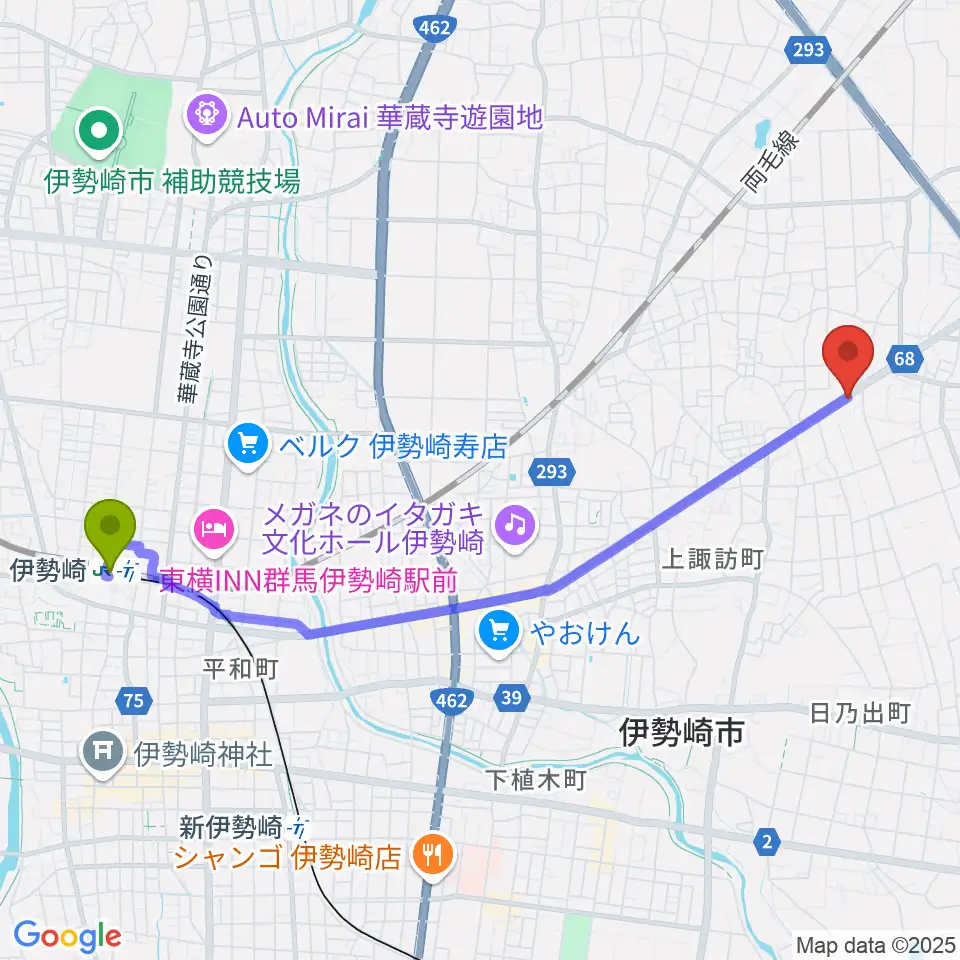 伊勢崎駅からcap music カプミュージックへのルートマップ地図