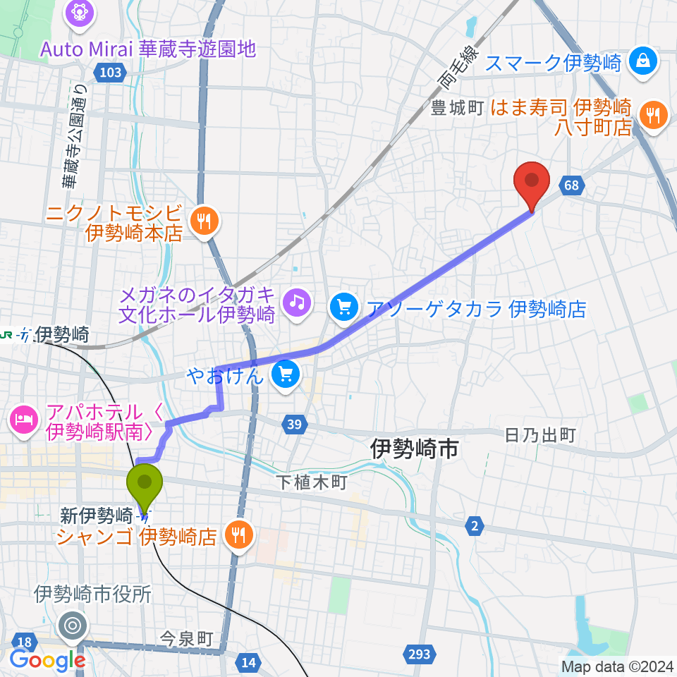 cap music カプミュージックの最寄駅新伊勢崎駅からの徒歩ルート（約45分）地図