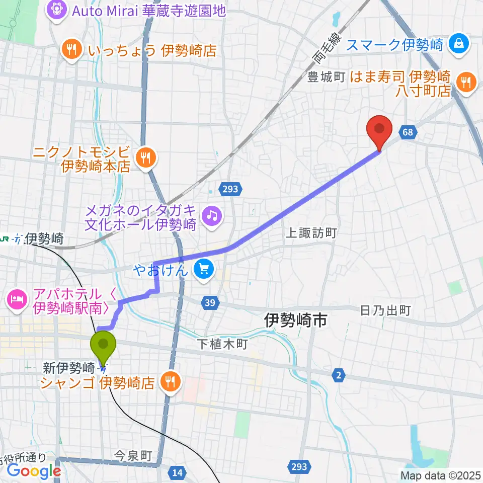 cap music カプミュージックの最寄駅新伊勢崎駅からの徒歩ルート（約45分）地図