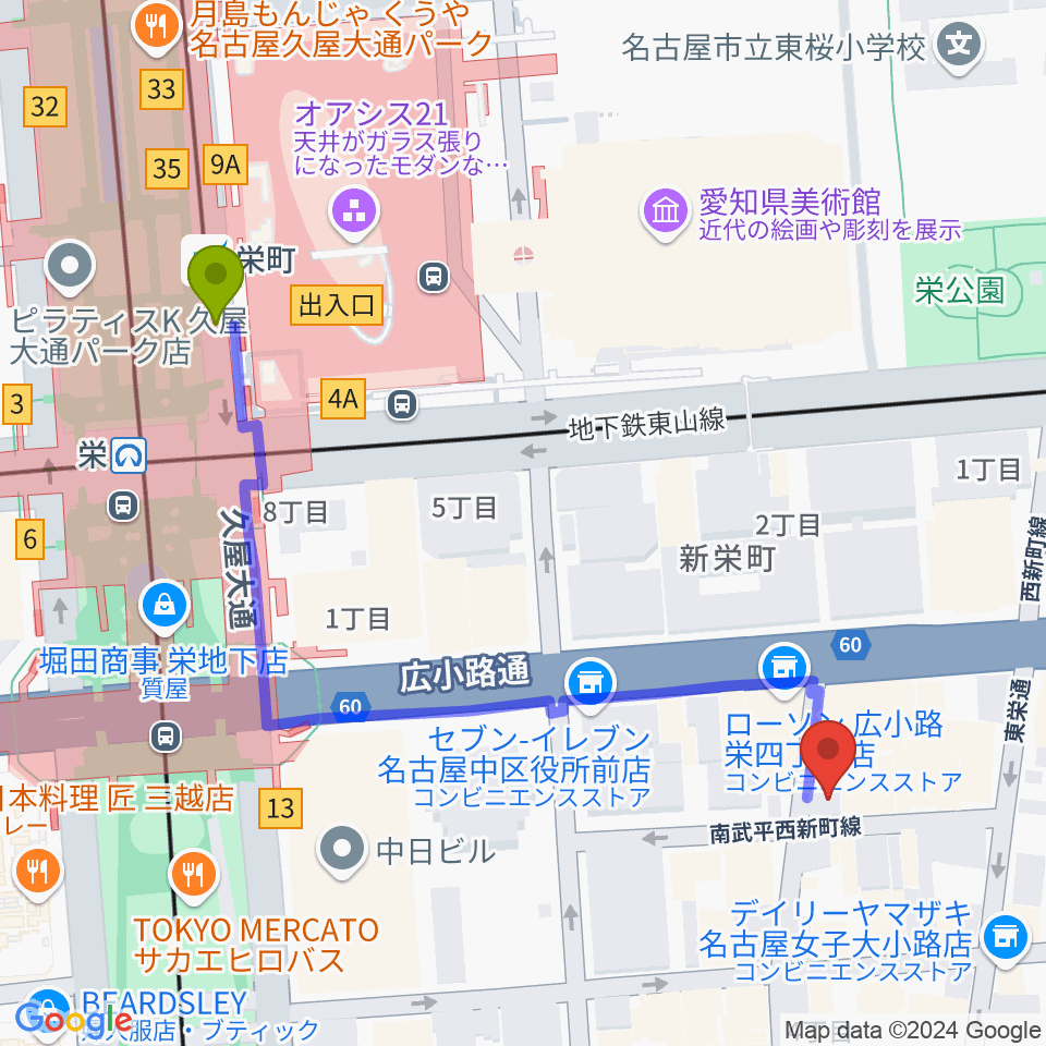 名古屋栄Live DOXYの最寄駅栄町駅からの徒歩ルート（約6分）地図