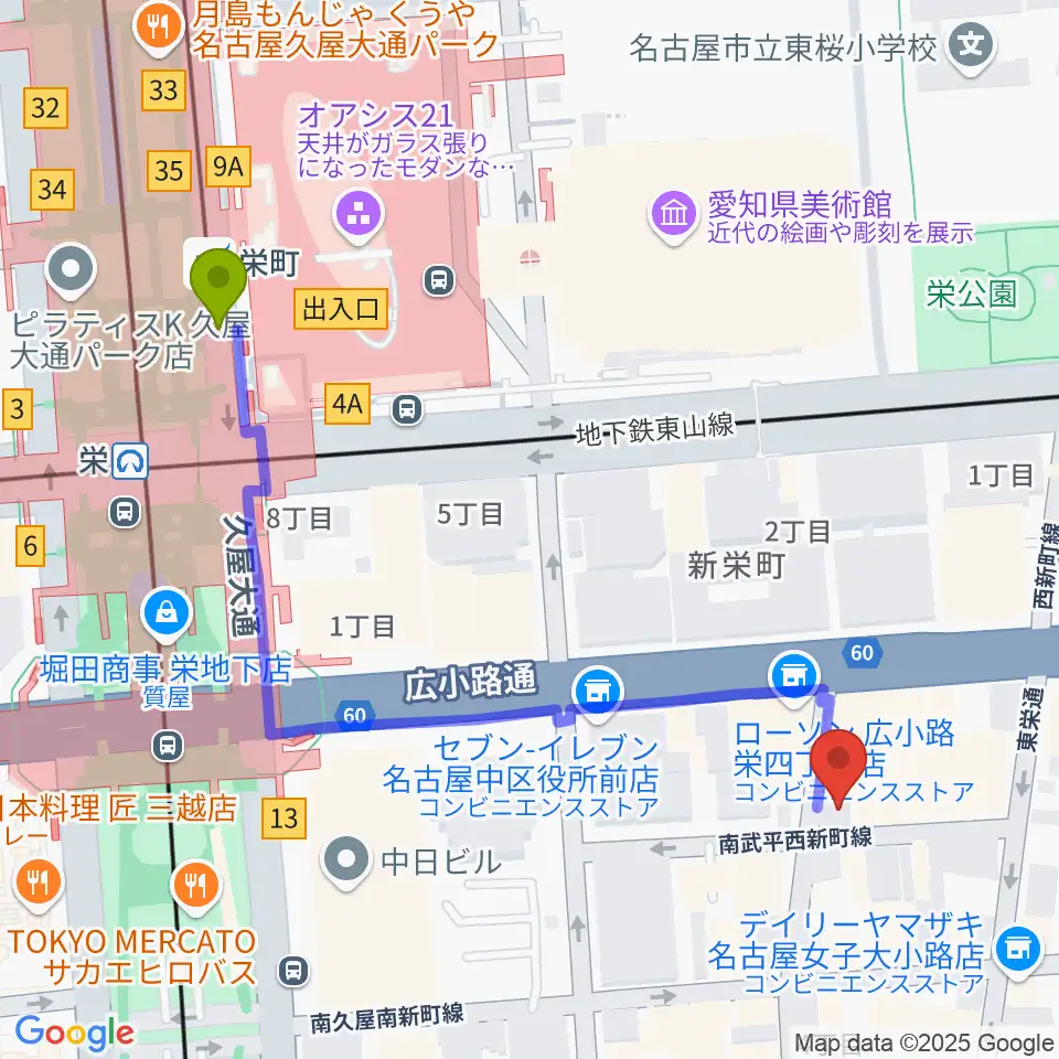 名古屋栄Live DOXYの最寄駅栄町駅からの徒歩ルート（約6分）地図