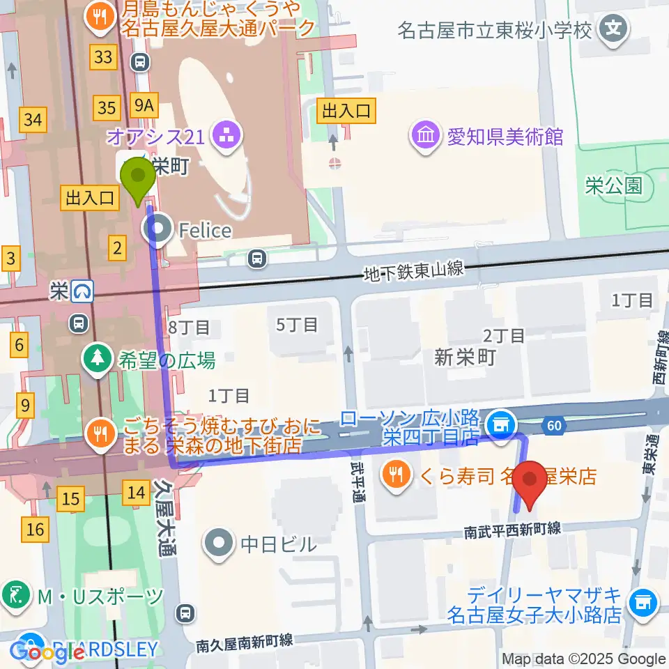 名古屋栄Live DOXYの最寄駅栄町駅からの徒歩ルート（約6分）地図