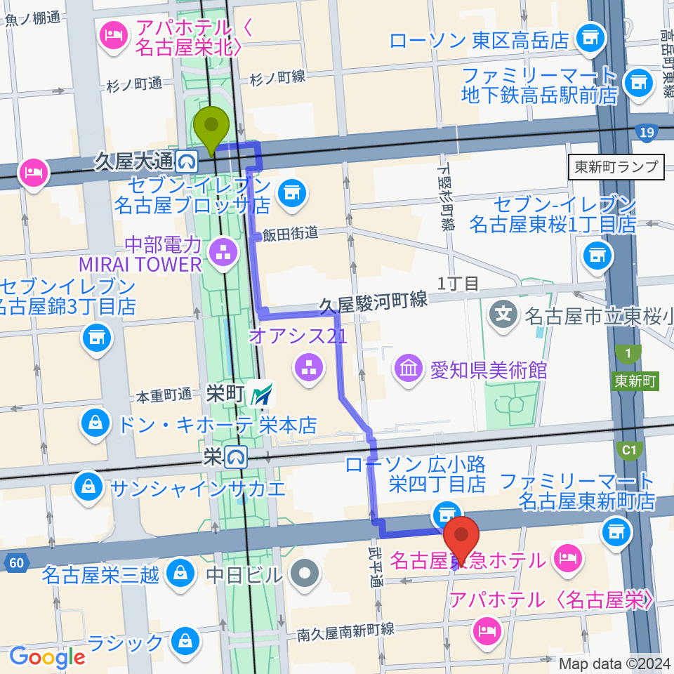 久屋大通駅から名古屋栄Live DOXYへのルートマップ地図