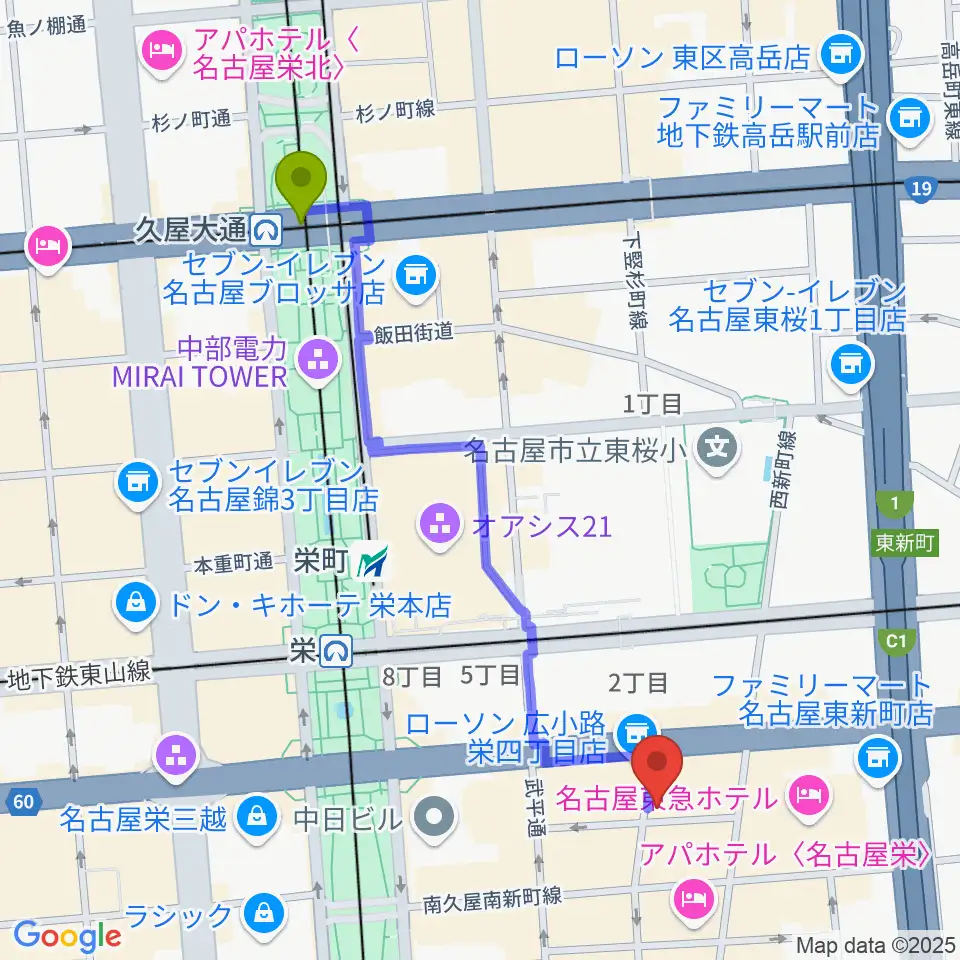 久屋大通駅から名古屋栄Live DOXYへのルートマップ地図