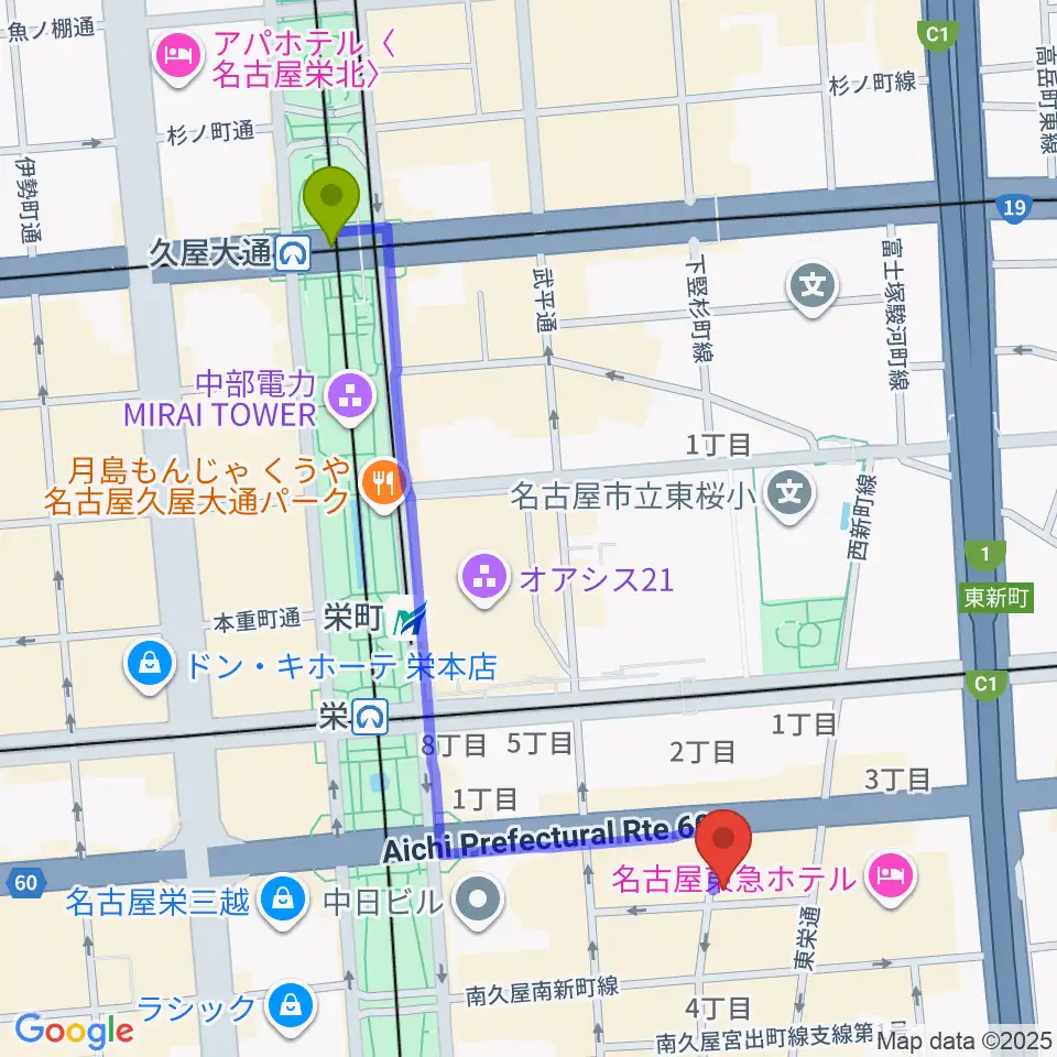 久屋大通駅から名古屋栄Live DOXYへのルートマップ地図
