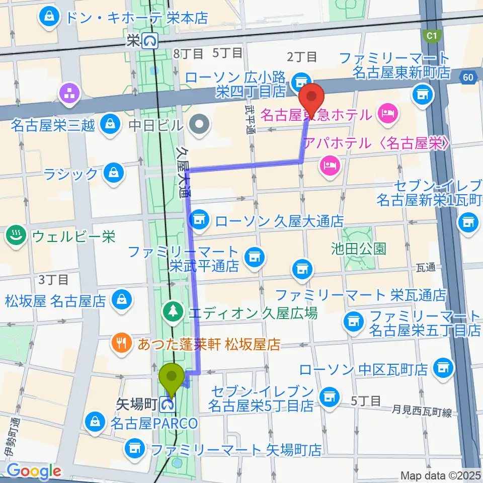 矢場町駅から名古屋栄Live DOXYへのルートマップ地図