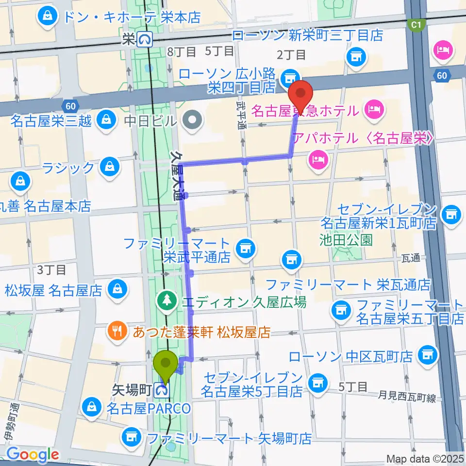 矢場町駅から名古屋栄Live DOXYへのルートマップ地図