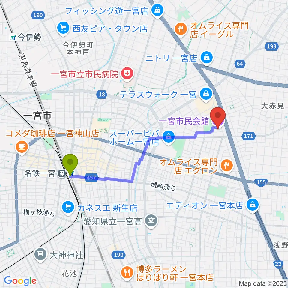 一宮市市民会館の最寄駅尾張一宮駅からの徒歩ルート（約34分）地図