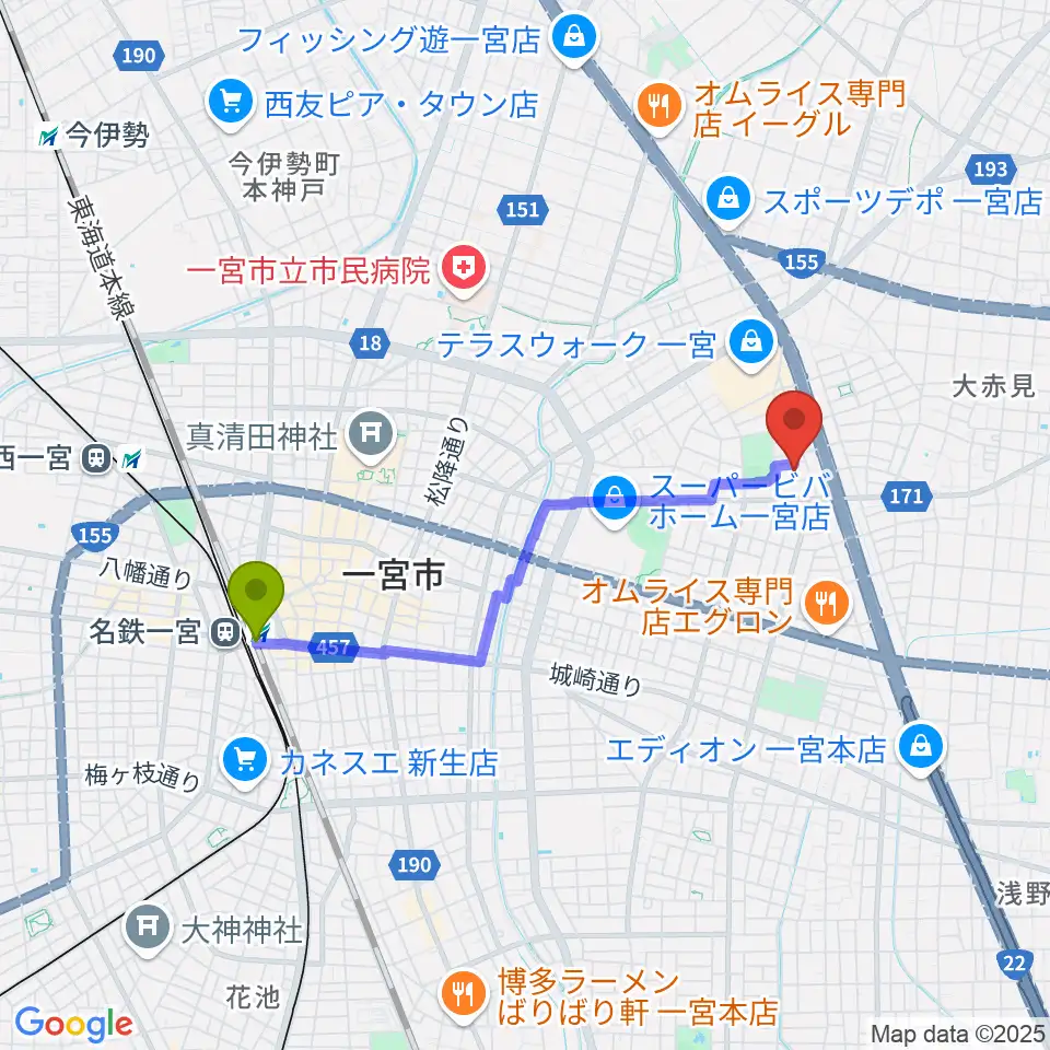 一宮市市民会館の最寄駅尾張一宮駅からの徒歩ルート（約34分）地図