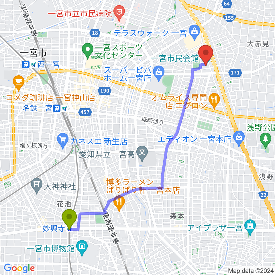 妙興寺駅から一宮市市民会館へのルートマップ地図