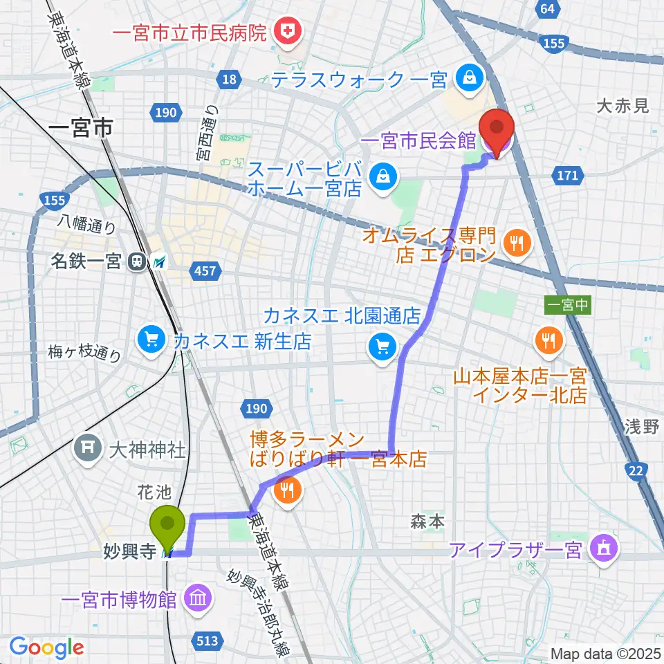 妙興寺駅から一宮市市民会館へのルートマップ地図