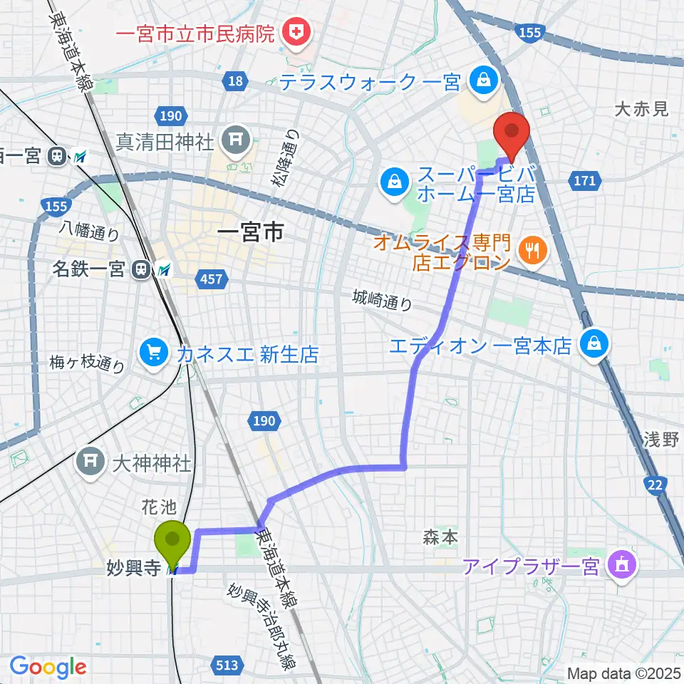 妙興寺駅から一宮市市民会館へのルートマップ地図