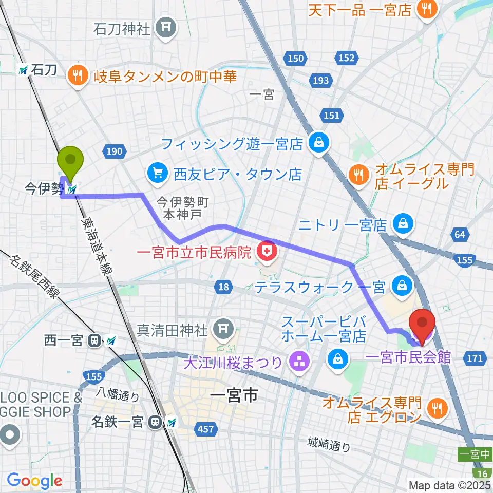 今伊勢駅から一宮市市民会館へのルートマップ地図