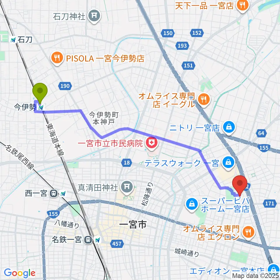 今伊勢駅から一宮市市民会館へのルートマップ地図