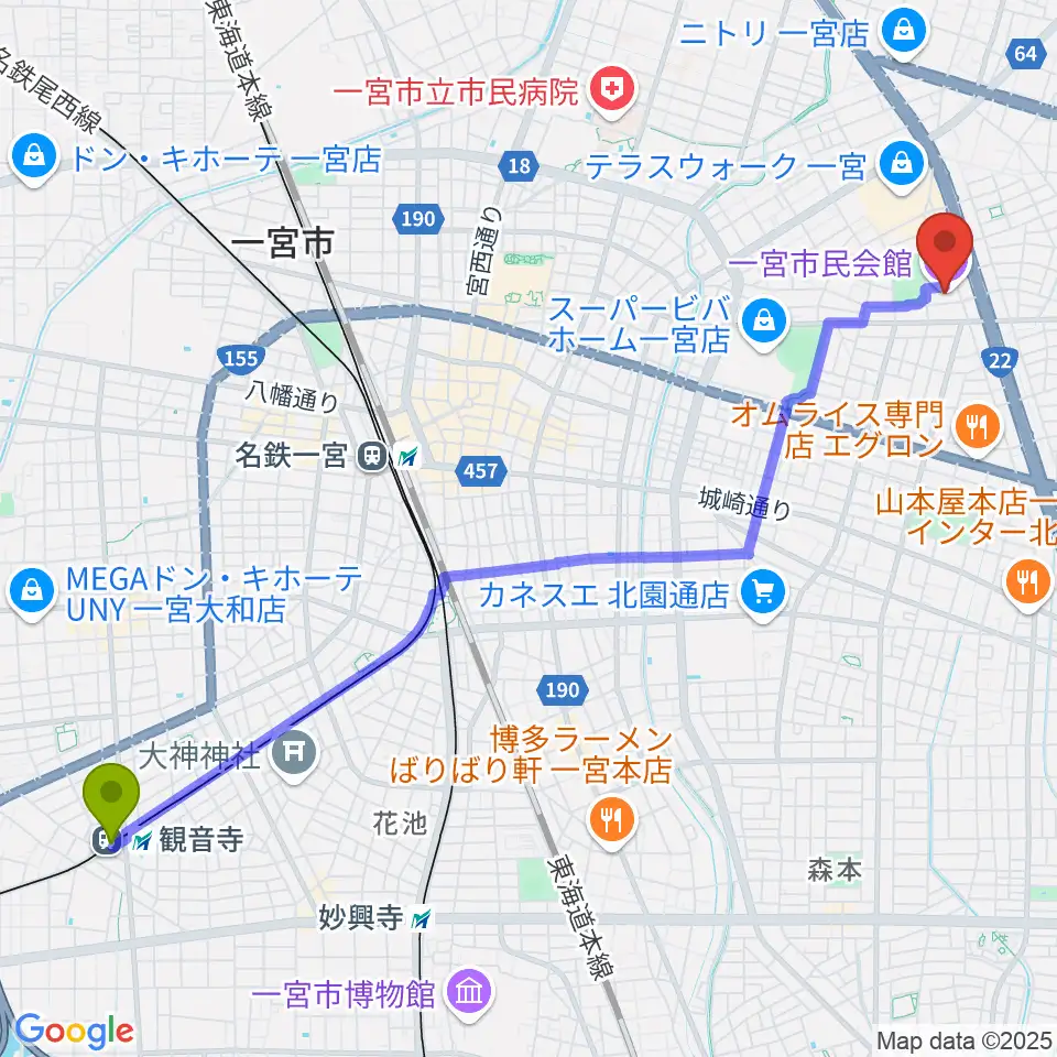 観音寺駅から一宮市市民会館へのルートマップ地図