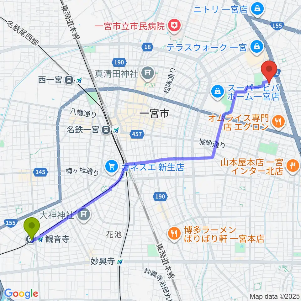 観音寺駅から一宮市市民会館へのルートマップ地図
