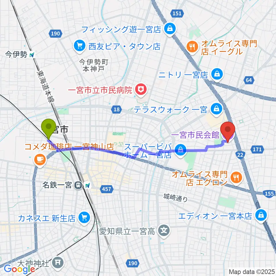 西一宮駅から一宮市市民会館へのルートマップ地図