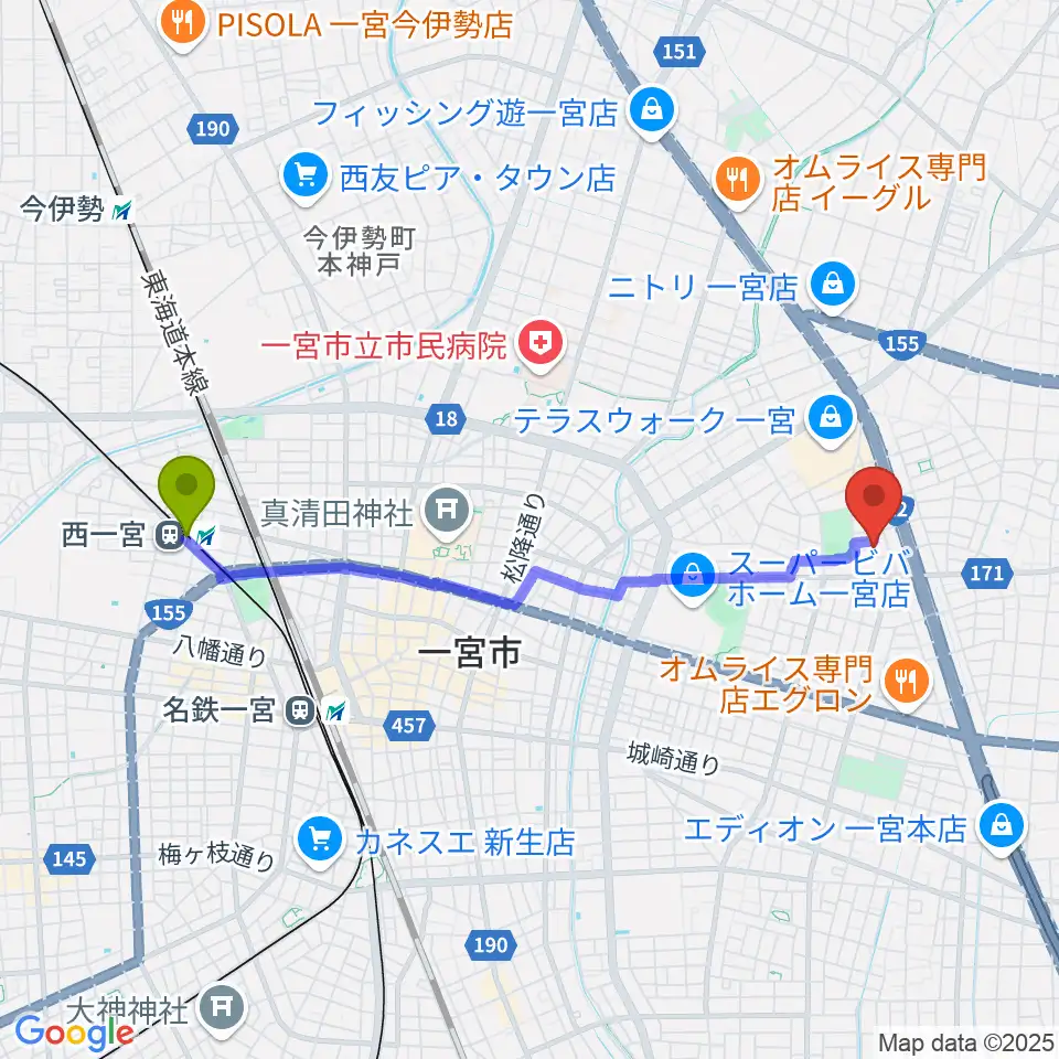 西一宮駅から一宮市市民会館へのルートマップ地図