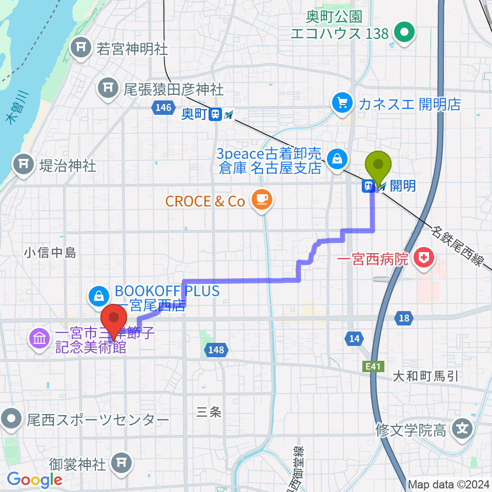 開明駅から一宮市尾西市民会館へのルートマップ地図