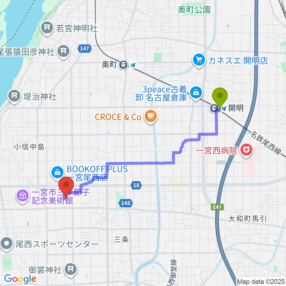 開明駅から一宮市尾西市民会館へのルートマップ地図