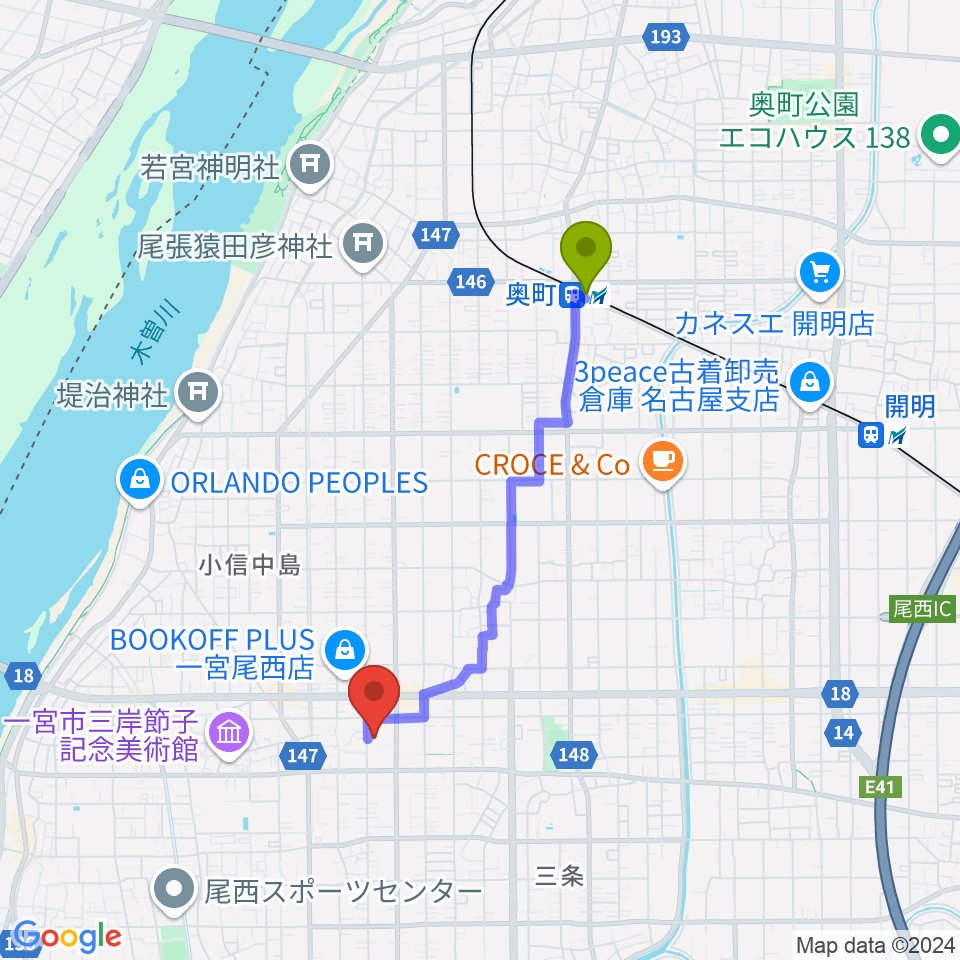 一宮市尾西市民会館の最寄駅奥町駅からの徒歩ルート（約32分）地図