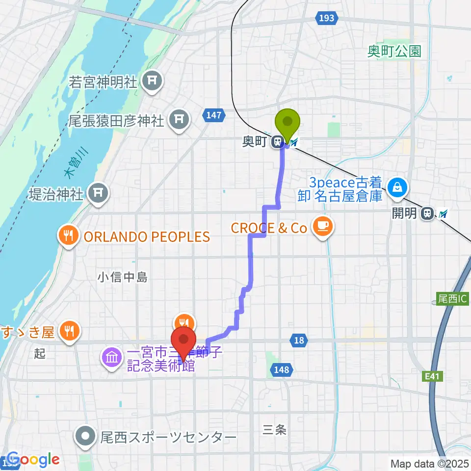 一宮市尾西市民会館の最寄駅奥町駅からの徒歩ルート（約32分）地図
