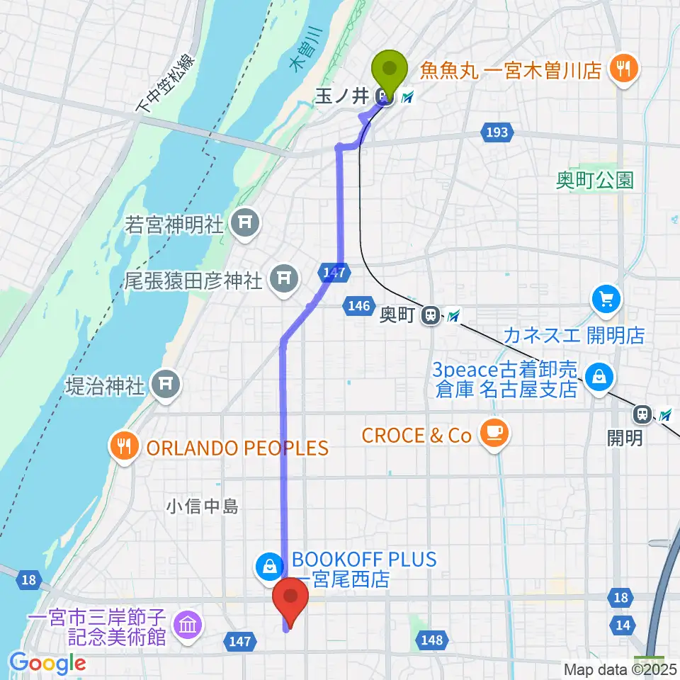 玉ノ井駅から一宮市尾西市民会館へのルートマップ地図