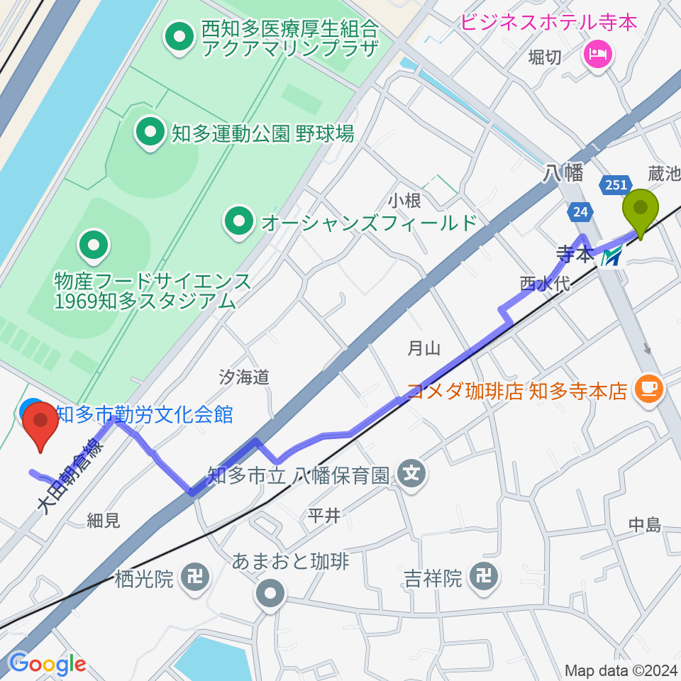 寺本駅から知多市勤労文化会館へのルートマップ地図