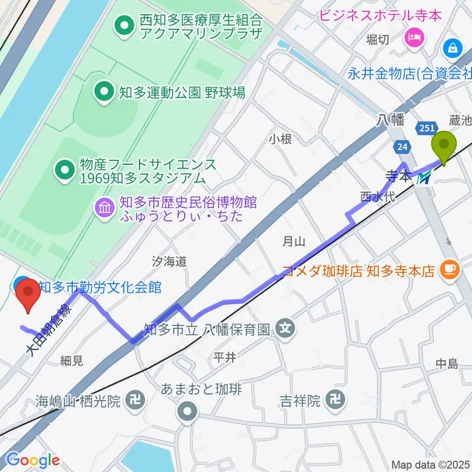 寺本駅から知多市勤労文化会館へのルートマップ地図