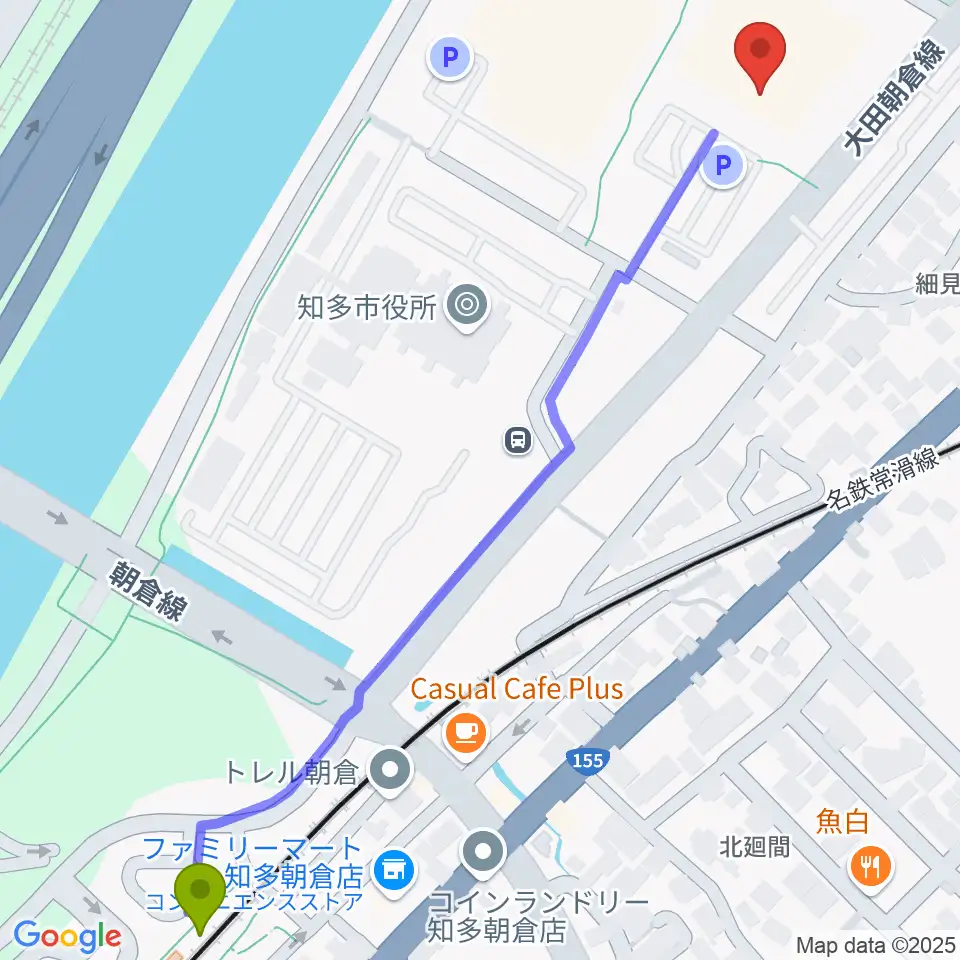 知多市勤労文化会館の最寄駅朝倉駅からの徒歩ルート（約8分）地図