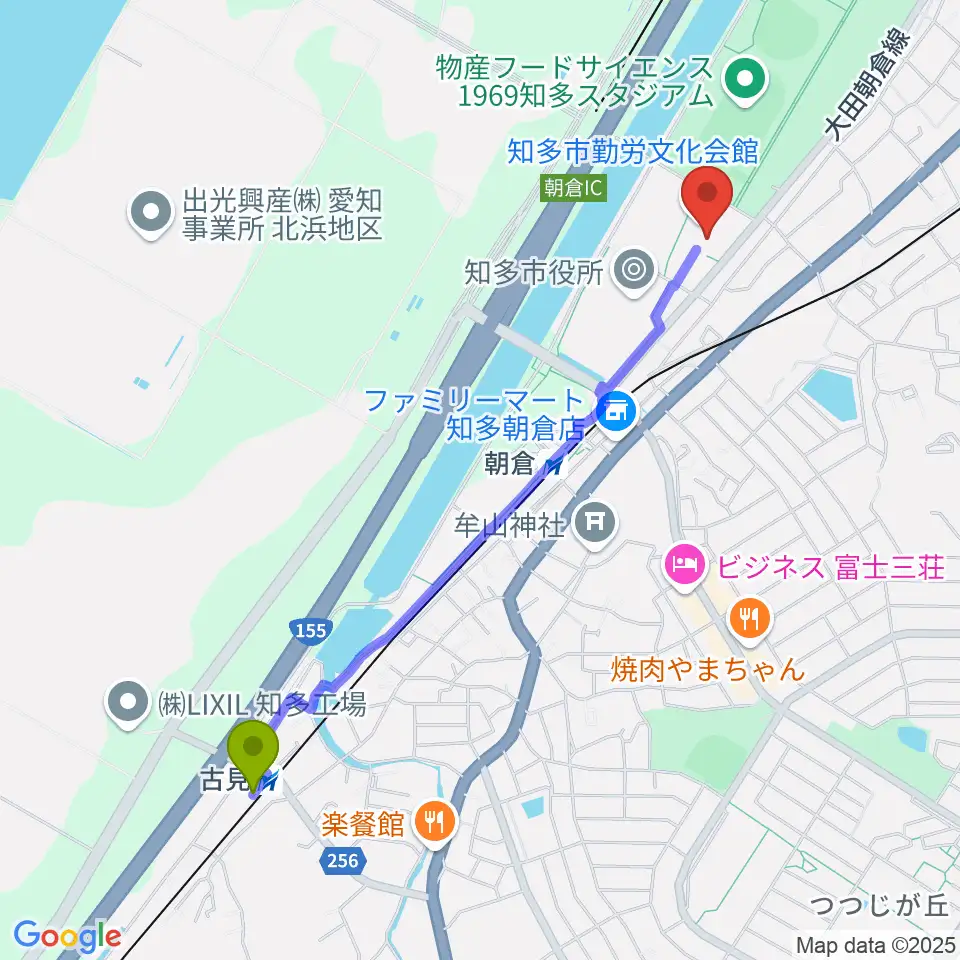 古見駅から知多市勤労文化会館へのルートマップ地図