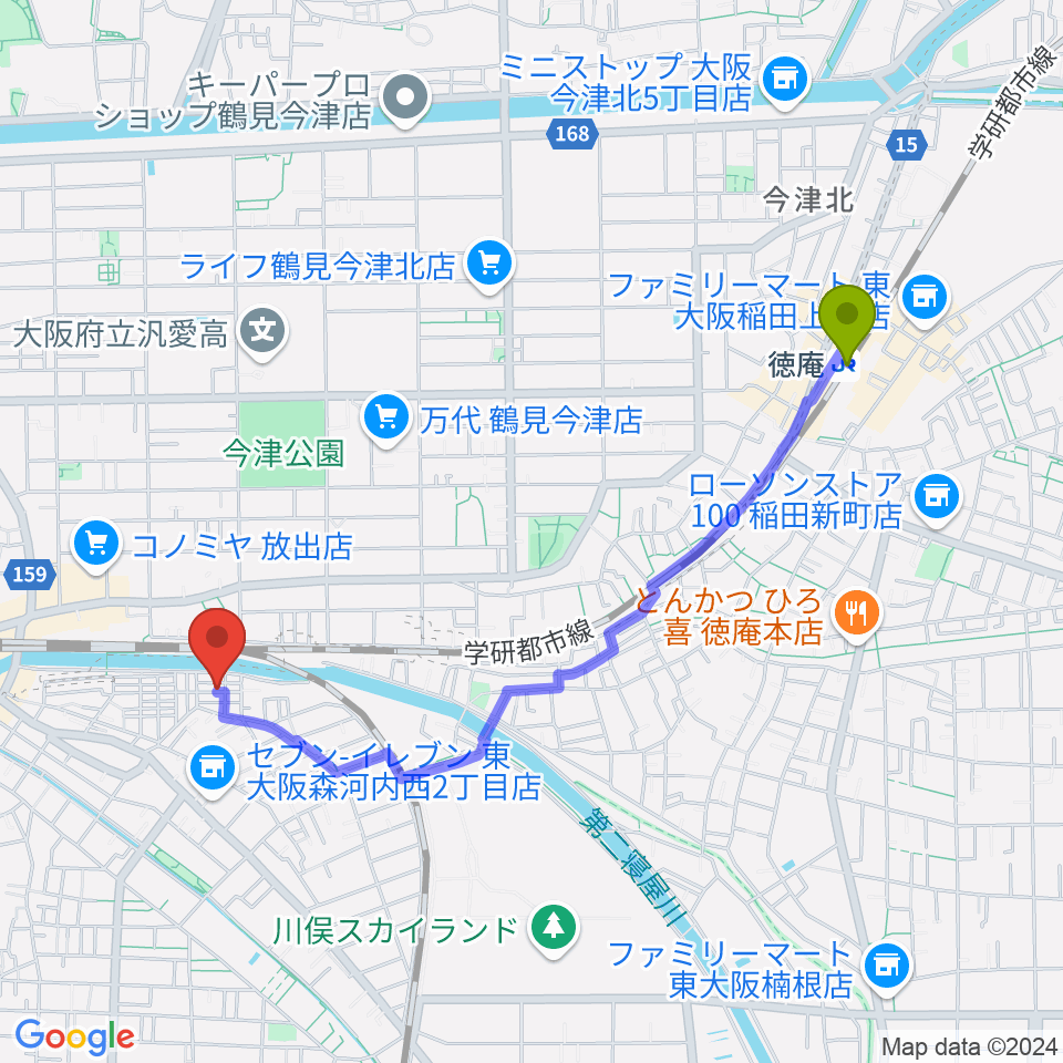 徳庵駅からさくら音楽教室へのルートマップ地図