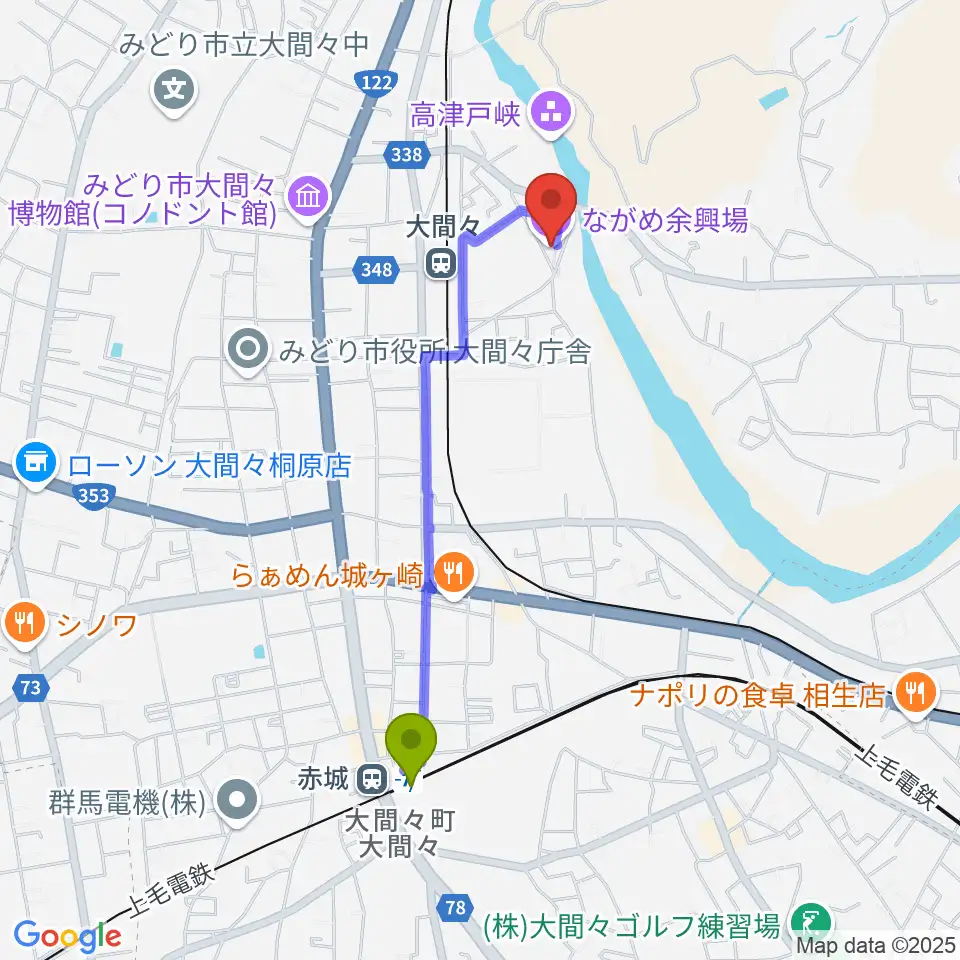 赤城駅からながめ余興場へのルートマップ地図