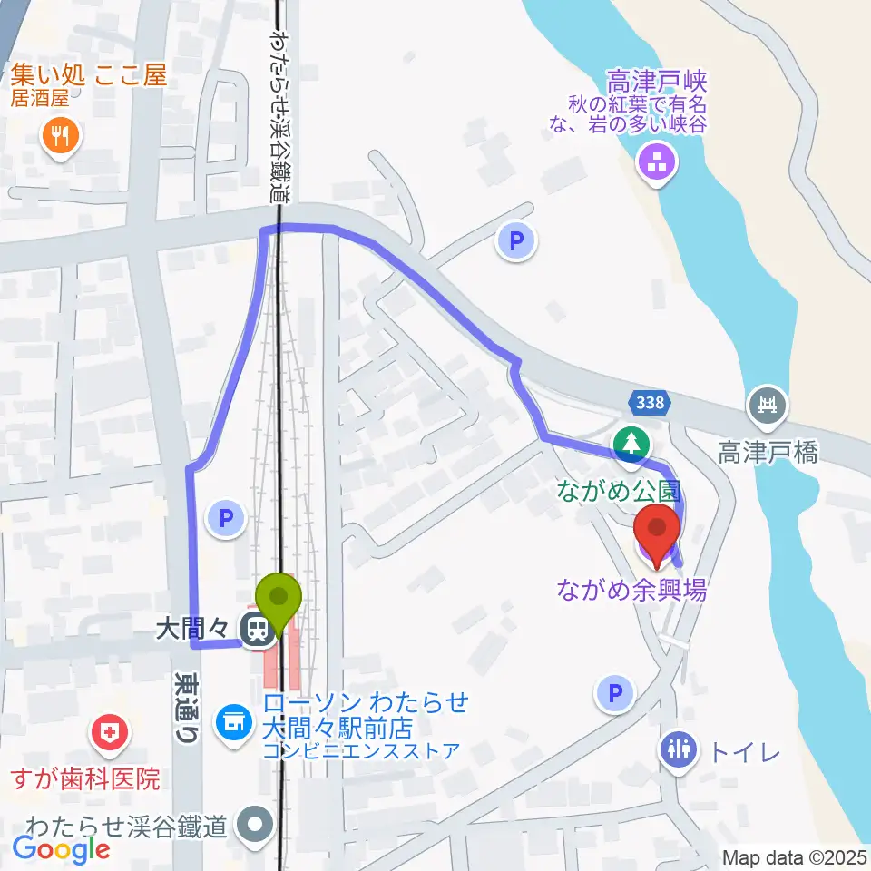 ながめ余興場の最寄駅大間々駅からの徒歩ルート（約3分）地図