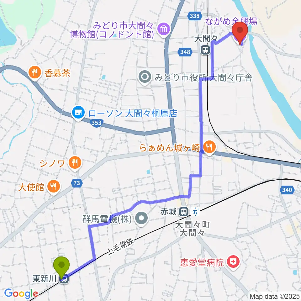 東新川駅からながめ余興場へのルートマップ地図