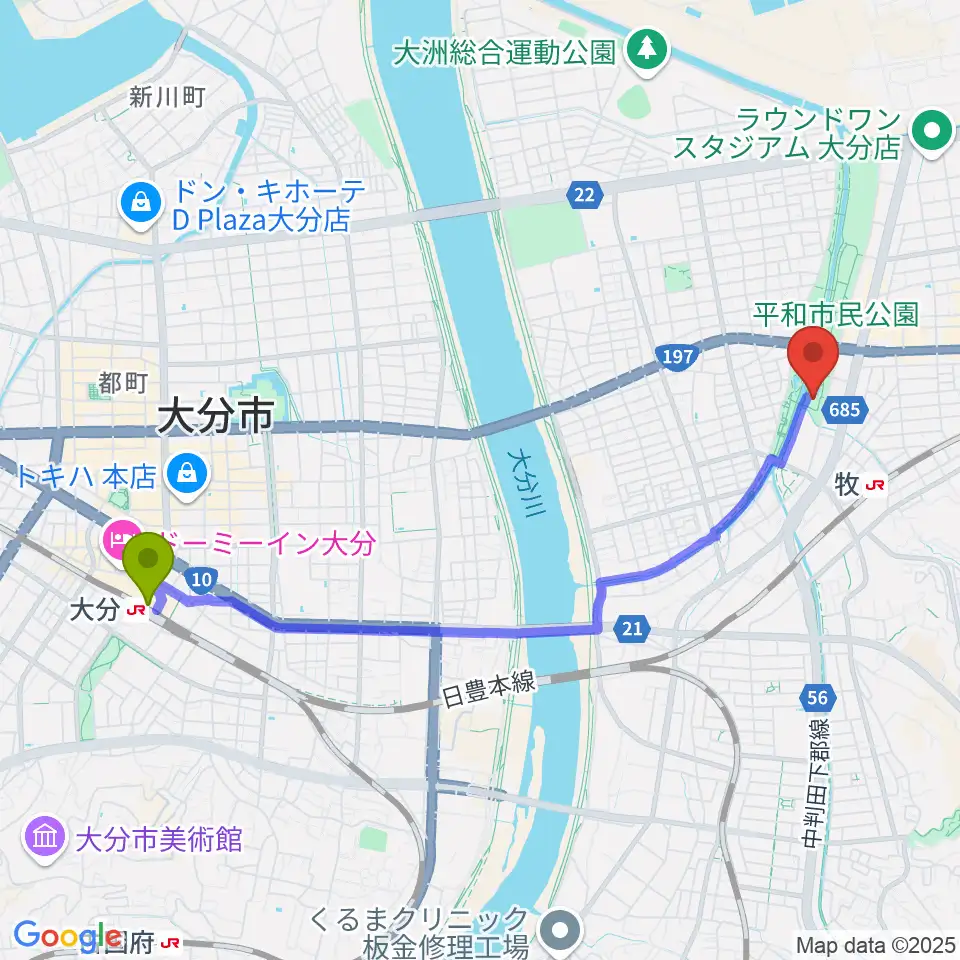 大分駅から平和市民公園能楽堂へのルートマップ地図