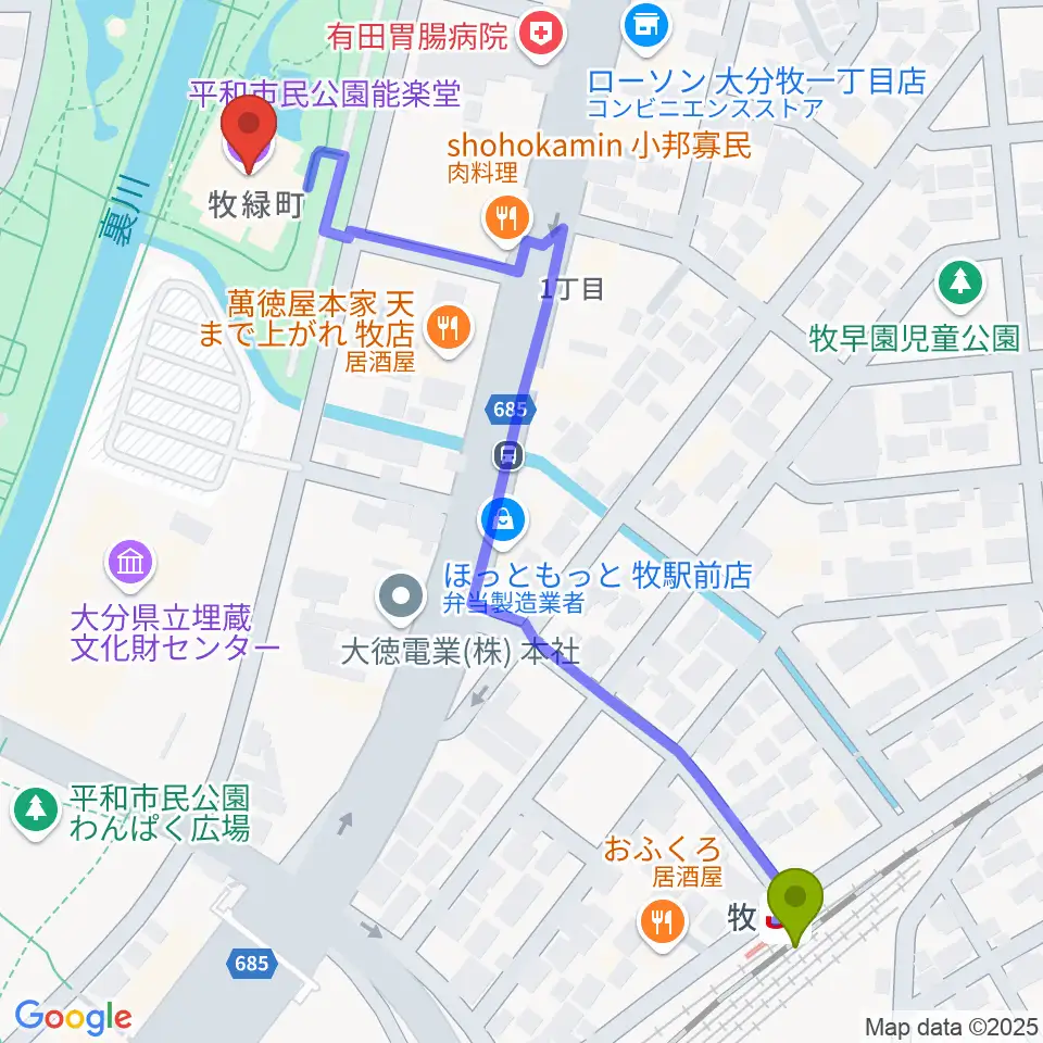 平和市民公園能楽堂の最寄駅牧駅からの徒歩ルート（約7分）地図