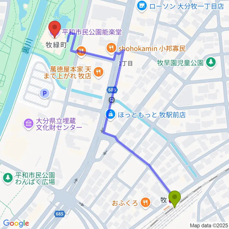平和市民公園能楽堂の最寄駅牧駅からの徒歩ルート（約7分）地図
