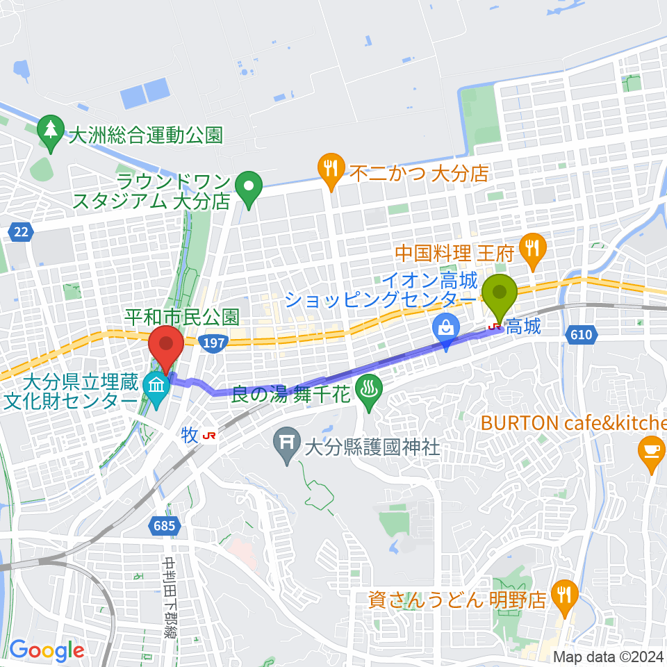 高城駅から平和市民公園能楽堂へのルートマップ地図