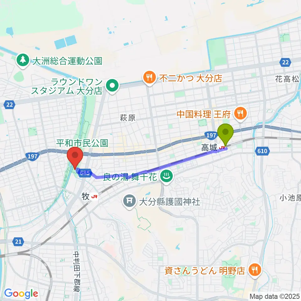 高城駅から平和市民公園能楽堂へのルートマップ地図