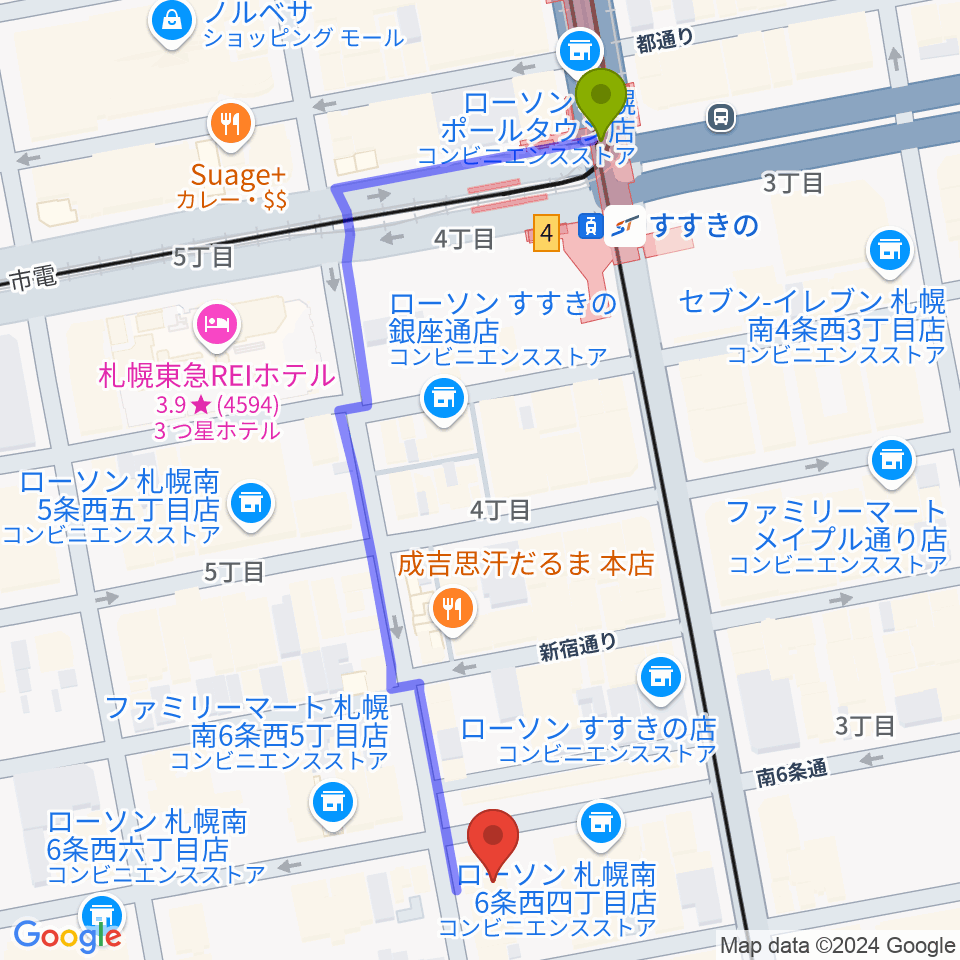 すすきの駅から札幌クレイジーモンキーへのルートマップ地図