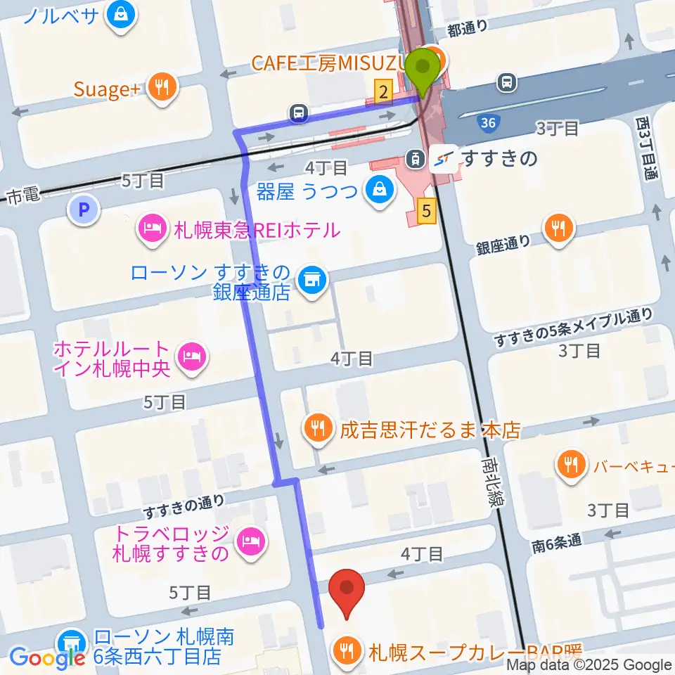 すすきの駅から札幌クレイジーモンキーへのルートマップ地図