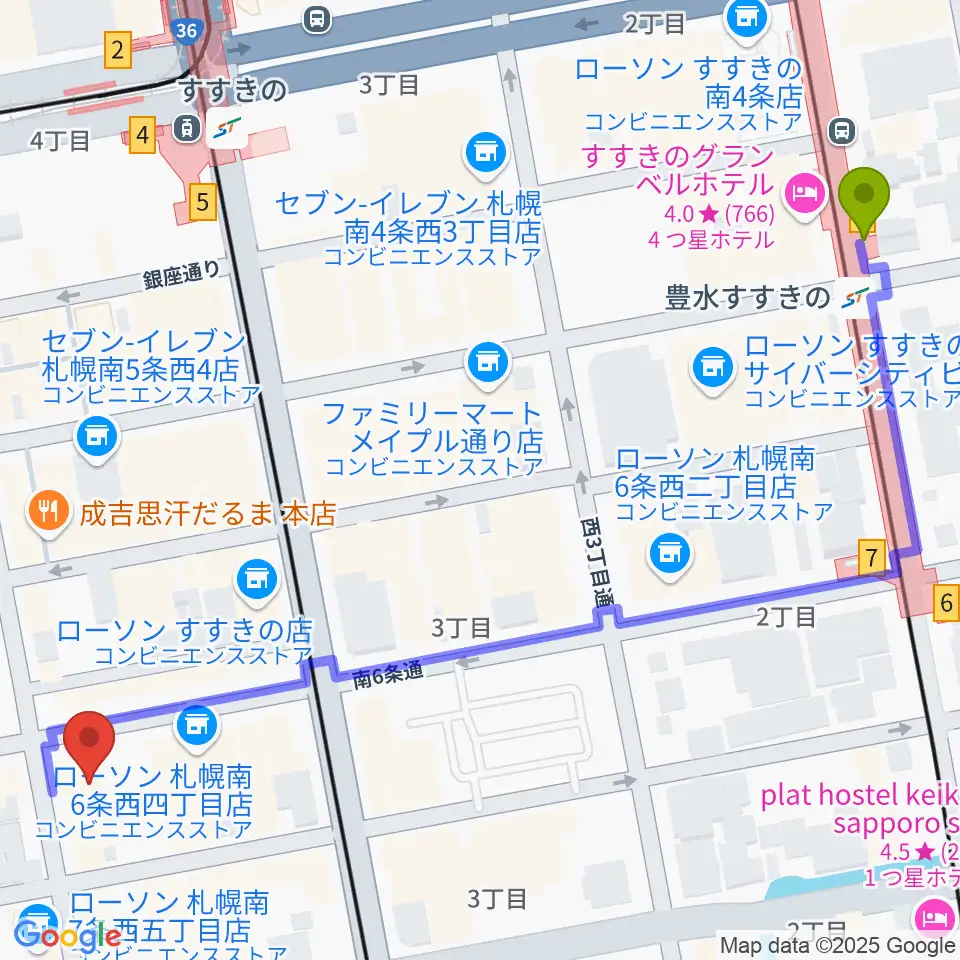 豊水すすきの駅から札幌クレイジーモンキーへのルートマップ地図