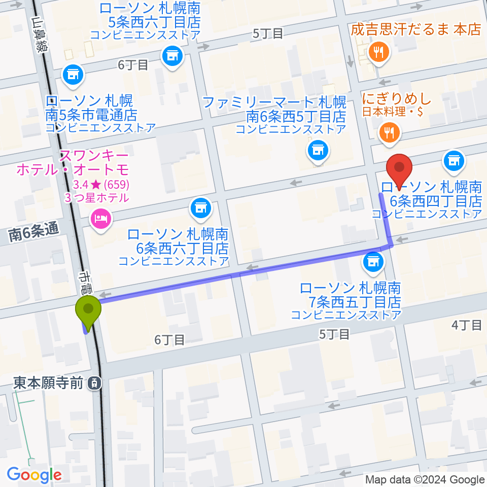 札幌クレイジーモンキーの最寄駅東本願寺前駅からの徒歩ルート（約5分）地図