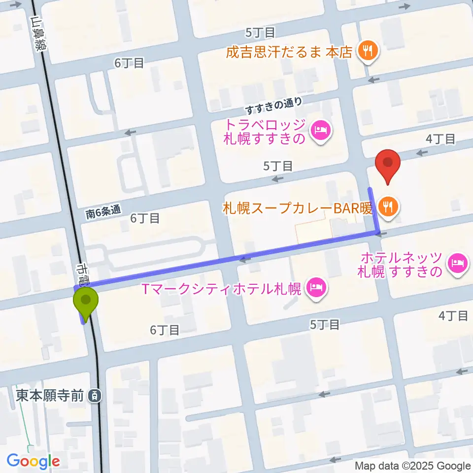 札幌クレイジーモンキーの最寄駅東本願寺前駅からの徒歩ルート（約5分）地図