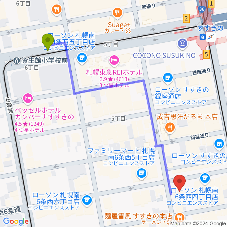 資生館小学校前駅から札幌クレイジーモンキーへのルートマップ地図