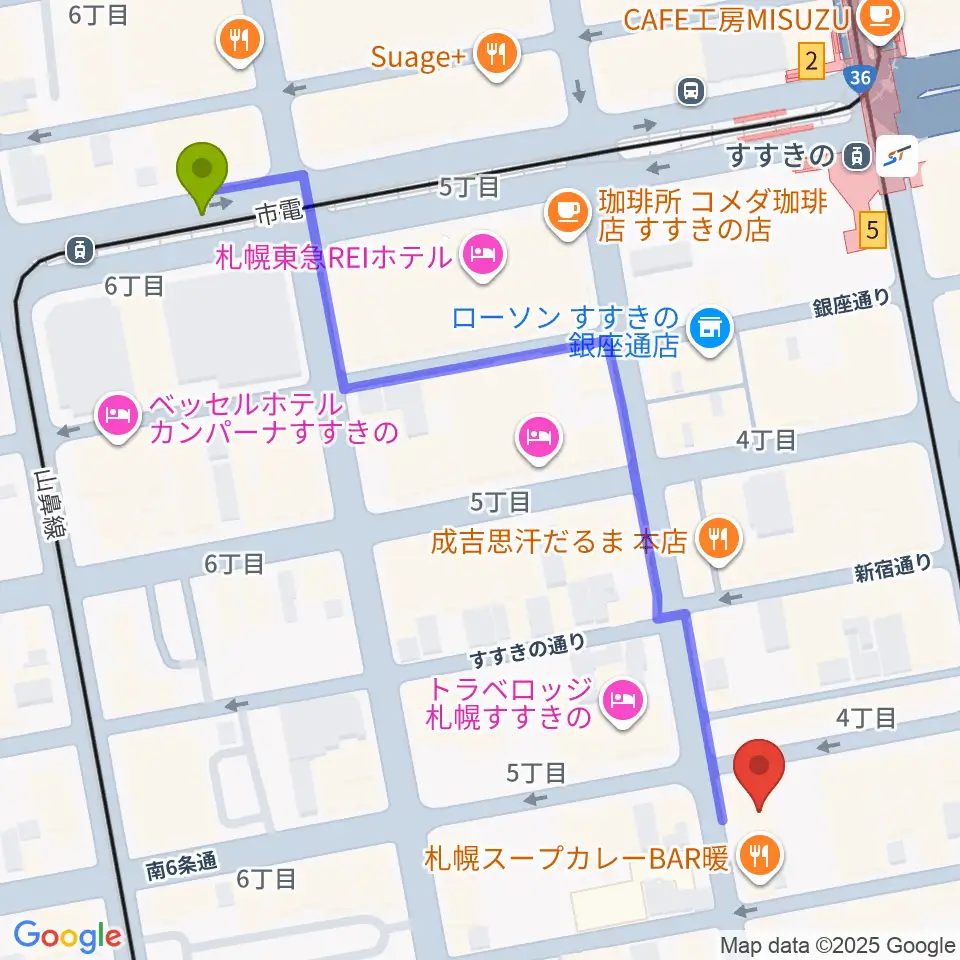 資生館小学校前駅から札幌クレイジーモンキーへのルートマップ地図
